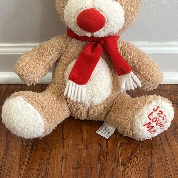 Fiesta 10” Sitting Teddy Bear w/ Red Scarf Jesus Loves Me Plush Stuffed Animal - Picture 3 of 5